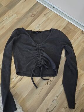 Women's Charcoal Drawstring Ruched Long-Sleeve Top